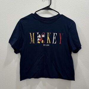 Disney Mickey Mouse Navy Blue juniors crop raw hem T-Shirt Disneyland retro 90s